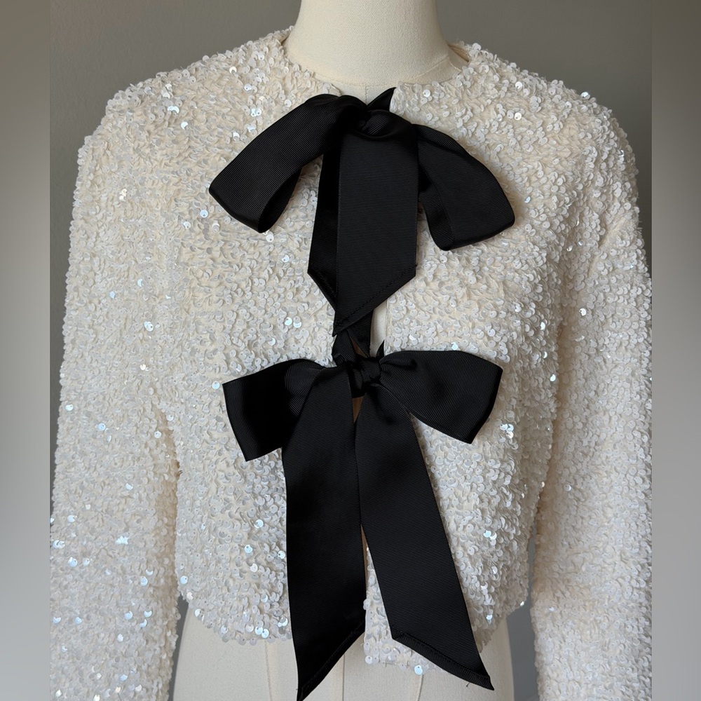 H&M Ivory Sparkling Sequin Tie Front Jacket with Black Bows-S - Picture 3 of 16